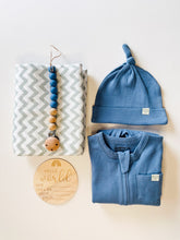Load image into Gallery viewer, Organic blue baby gift box with sleepsuit, muslin wrap, and knot hat