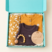Load image into Gallery viewer, Mustard Organic Baby Gift Box – Gender Neutral Newborn Hamper, open gift box overhead view