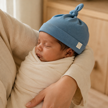 Load image into Gallery viewer, Organic Knot Hat - Blue, lifestyle image