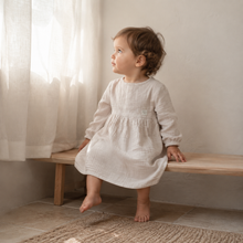 Load image into Gallery viewer, Organic Cotton Muslin Long Sleeve Baby Dress - Beige, lifestyle image