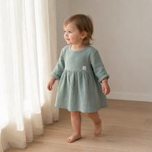 Load image into Gallery viewer, Organic Cotton Muslin Baby Dress - Green, lifestyle image