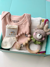 Load image into Gallery viewer, Pink organic baby gift box set with newborn essentials
