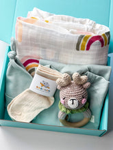 Load image into Gallery viewer, Mint green organic baby gift box with romper, swaddle, socks, and toy
