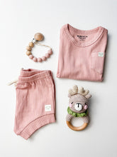 Load image into Gallery viewer, Organic baby girl gift box with cotton outfit, dummy chain, and crochet toy
