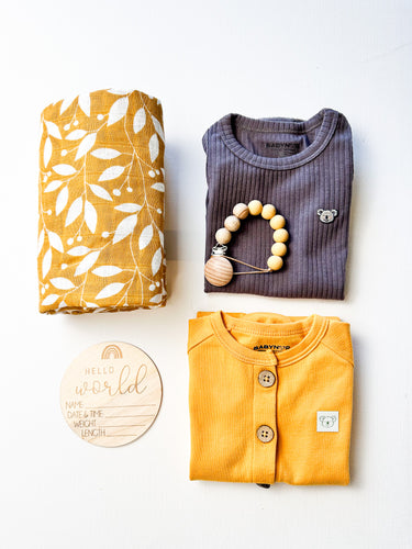 Mustard gender neutral baby’s gift set – organic cotton essentials