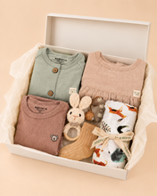 Load image into Gallery viewer, Neutral organic baby gift box with coordinated baby clothes and newborn accessories
