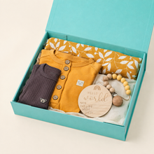 Load image into Gallery viewer, Mustard Organic Baby Gift Box – Gender Neutral Newborn Hamper, open gift box alternate view
