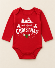 Load image into Gallery viewer, Red 100% cotton My First Christmas baby bodysuit with long sleeves and white festive design
