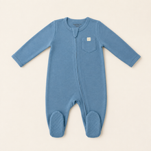Load image into Gallery viewer, Organic Baby Sleepsuit - Blue, overhead product view
