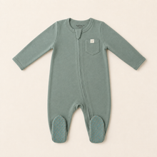 Load image into Gallery viewer, Organic Baby Sleepsuit - Green, overhead product view
