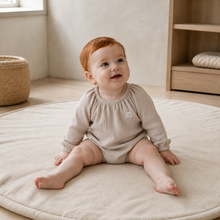 Load image into Gallery viewer, Organic Cotton Muslin Baby Romper - Beige, lifestyle image
