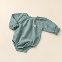Load image into Gallery viewer, Organic Cotton Muslin Baby Romper - Green, alternate product view
