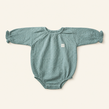 Load image into Gallery viewer, Organic Cotton Muslin Baby Romper - Green, overhead product view
