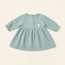 Load image into Gallery viewer, Organic Cotton Muslin Baby Dress - Green, overhead product view
