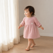 Load image into Gallery viewer, Organic Cotton Muslin Baby Dress - Pink, lifestyle image

