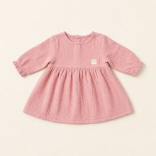 Load image into Gallery viewer, Organic Cotton Muslin Baby Dress - Pink, overhead product view
