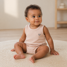 Load image into Gallery viewer, Organic Rib Bubble Romper - Beige, lifestyle image
