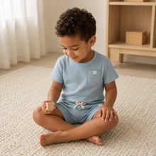 Load image into Gallery viewer, Organic Two-Piece Pyjama Set - Blue, lifestyle image

