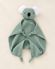 Load image into Gallery viewer, Sage green organic cotton muslin koala comforter with knotted corners

